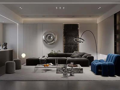 Modern Living Room Interior With Dark Gray Sofa Blue Armchairs Floor Lamp And Circular Decor 3d model