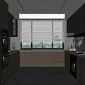 Modern Kitchen Interior With Gray Cabinets Silver Refrigerator Oven Sink Countertop And Window Blinds