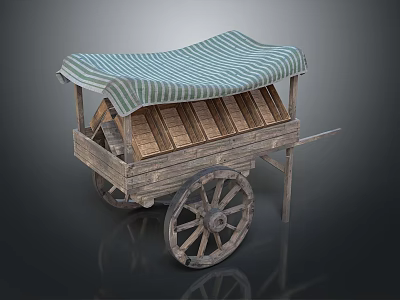 Vintage Wooden Hand Cart With Striped Canopy And Rustic Wooden Wheels 3d model