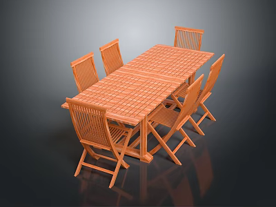 Foldable Wooden Dining Table With Six Chairs And Grid Pattern Surface For Outdoor Use 3d model