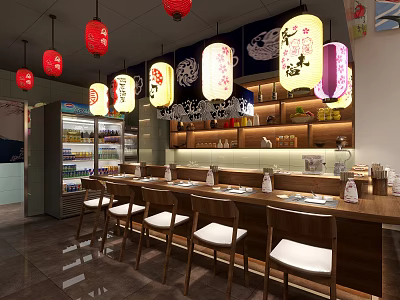 Japanese Restaurant Interior Featuring Red Colored Lanterns Wooden Counter Chairs and Shelves with Tableware 3d model