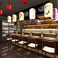Japanese Restaurant Interior Featuring Red Colored Lanterns Wooden Counter Chairs and Shelves with Tableware