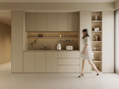 Modern Light Toned Wine Cabinet Design With Open Shelving And Closed Storage In Kitchen Space 3d model