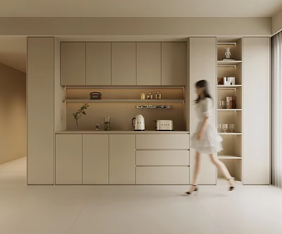 Modern Light Toned Wine Cabinet Design With Open Shelving And Closed Storage In Kitchen Space 3d model