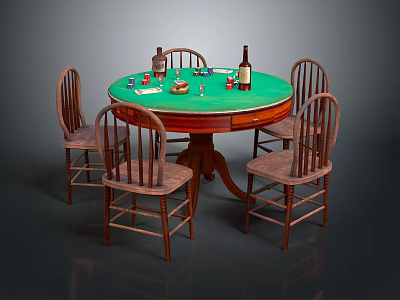 Round Wooden Table With Green Top And Four Wooden Chairs With Wine Bottles And Glasses 3d model