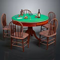 Round Wooden Table With Green Top And Four Wooden Chairs With Wine Bottles And Glasses