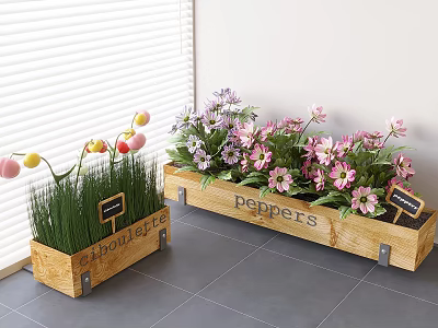 Colorful Flowers In Wooden Planters With Peppers Sunflowers Tags Near Window Blinds 3d model