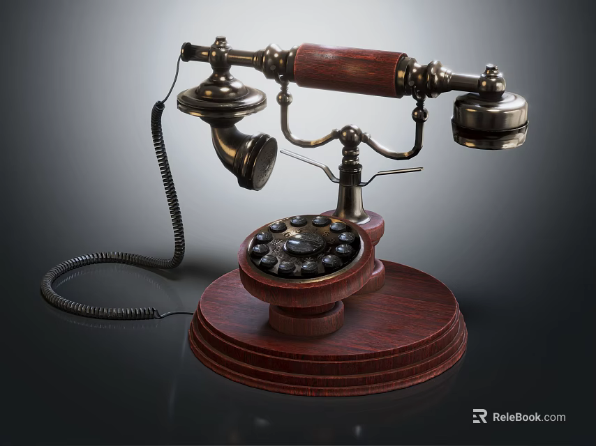 Vintage Telephone With Wooden Base Rotary Dial Metal Components And Coiled Cord 3d model 