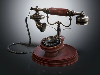 Vintage Telephone With Wooden Base Rotary Dial Metal Components And Coiled Cord 3d model