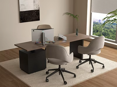 Wooden Office Desk With Dual Monitors Two Gray Chairs Potted Plant And Window View 3d model