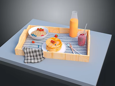 Delicious Breakfast Food On Wooden Tray With Oatmeal Pancakes Strawberries And Orange Juice 3d model