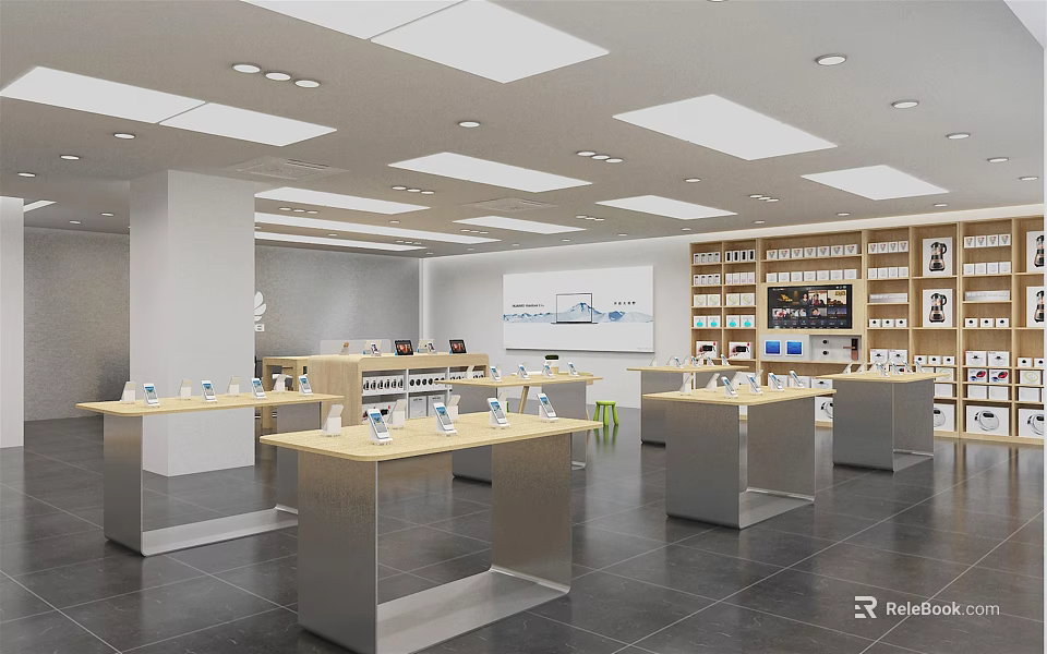 Modern Digital Store Interior With Display Tables And Organized Electronics Shelves 3d model 