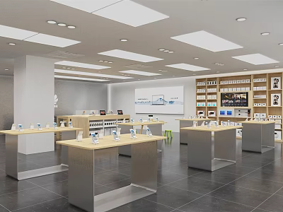Modern Digital Store Interior With Display Tables And Organized Electronics Shelves 3d model