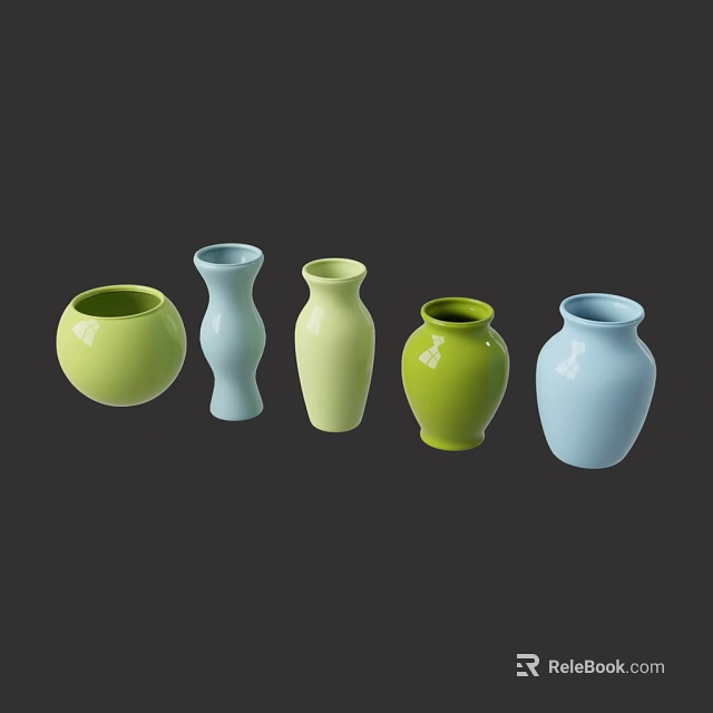 Decorative Ceramic Vases in Green and Light Blue with Assorted Shapes 3d model