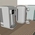 Three Modern Kitchen Appliances On Wooden Table With Glass Cups