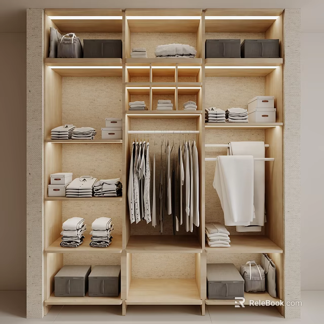 Modern Wooden Open Closet Interior Design With Folded Clothes Hanging Shirts And Storage Boxes 3d model 