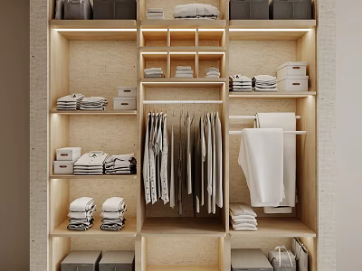 Modern Wooden Open Closet Interior Design With Folded Clothes Hanging Shirts And Storage Boxes 3d model