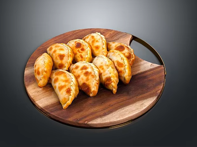 Freshly Cooked Crispy Golden Brown Fried Dumplings On Round Wooden Tray 3d model