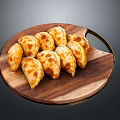 Freshly Cooked Crispy Golden Brown Fried Dumplings On Round Wooden Tray