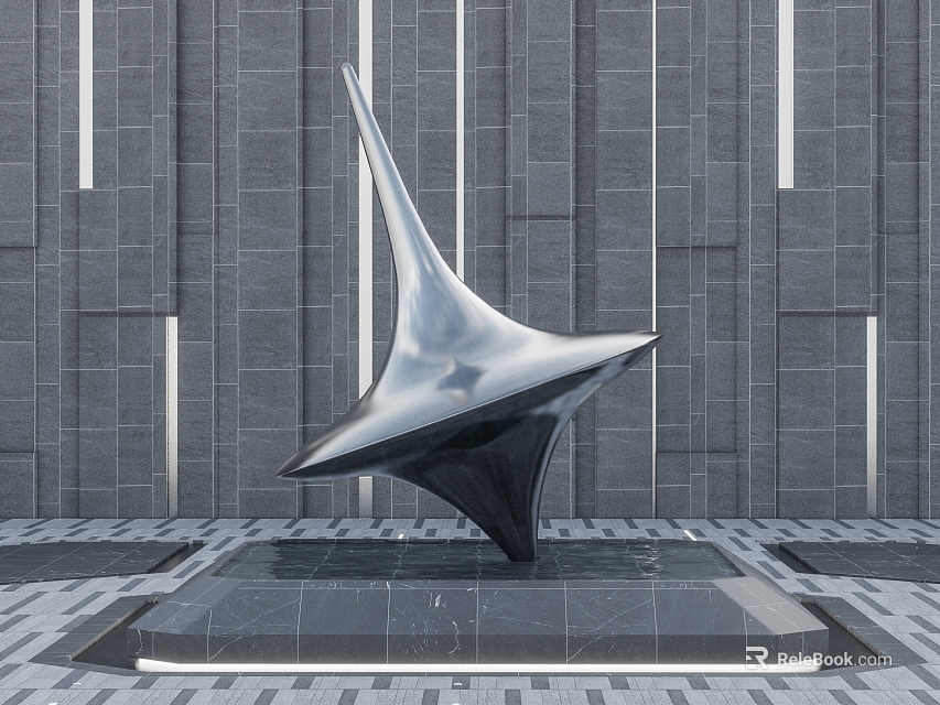 Shiny Metal Star Shaped Sculpture on Square Base with Gray Stone Wall and Tile Floor 3d model 