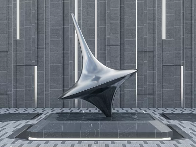 Shiny Metal Star Shaped Sculpture on Square Base with Gray Stone Wall and Tile Floor 3d model