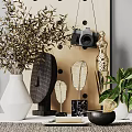 Modern Decorative Ornament Set with Pegboard Camera Olive Branch Plant Vase Feather and Metallic Sculptures