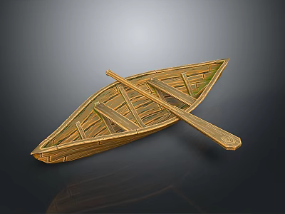 Small Golden Wooden Boat With Paddle And Detailed Wood Grain Design 3d model