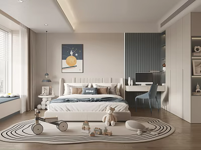 Cozy Kids Room Interior Design With Bed Toys Round Rug Desk Chair And Painting 3d model