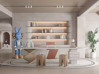 Modern Study Room With Blue Rabbit Decoration Bookshelf White Desk Laptop Wooden Stools Green Plant 3d model
