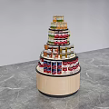 Modern Circular Multi Tiered Display Shelf With Wooden Base Displaying Canned Goods
