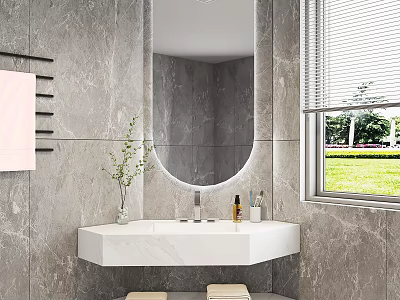Modern Bathroom Cabinet With White Sink Round Mirror Marble Wall Window Blinds Decorative Vase Toiletries 3d model