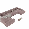 Modern Sectional Sofa With Velvet Upholstery Multiple Cushions And Throw Blankets 3d model