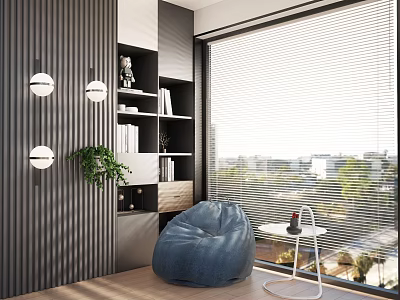 Blue Bean Bag Chair in Modern Interior With Large Window Blinds Bookshelf And Plant 3d model