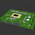 Green Computer Circuit Board With Central Chip Connectors And Electronic Components