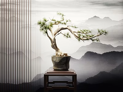 Bonsai Pine Tree in Stone Pot on Wooden Stand with Mountain Landscape Backdrop 3d model