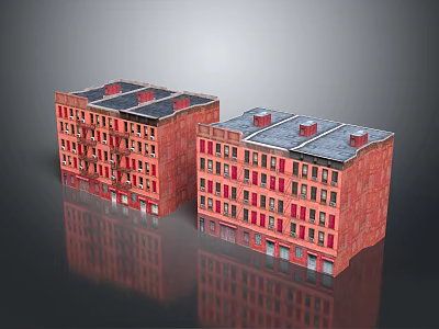 Cartoon Scenery Featuring Two Red Multi Storey Buildings With Rooftops Windows And Reflections 3d model