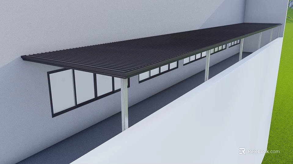 Detached Villa Modern Exterior Featuring Long Black Roof Metal Supports And Windows 3d model 