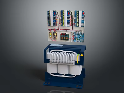 Industrial Computer Control System Featuring Blue Transformer Control Panels Electronic Components And Wires 3d model