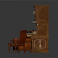 Brown Wooden Desk with Drawers and Cabinet and Two Leather Chairs in Classic Furniture Set