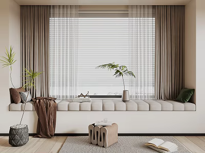 Cozy Bay Window With Cushions Curtains Blinds Plants Stool Soft Rug And Open Book 3d model
