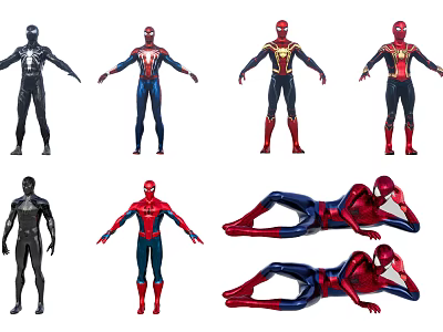 Multiple Spider Man Action Figures With Different Suits Standing And Lying 3d model