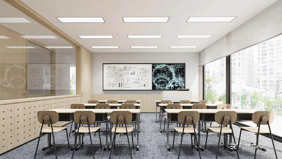 School Classroom Interior With Desks Chairs Whiteboard Large Screen And Windows 3d model 