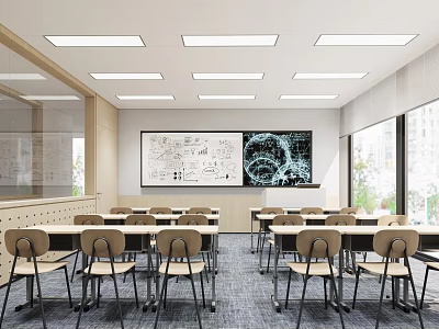 School Classroom Interior With Desks Chairs Whiteboard Large Screen And Windows 3d model