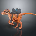 Orange Striped Dinosaur Character Wearing Black Hat And Blue Accented Saddle