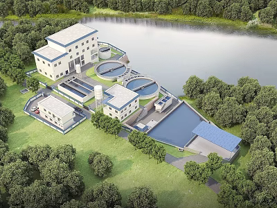 Modern Industrial Plant With Circular Treatment Tanks Near Waterbody And Green Surroundings 3d model