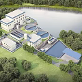 Modern Industrial Plant With Circular Treatment Tanks Near Waterbody And Green Surroundings