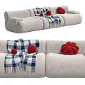 Red Grey Beige Three-Seater Sofa with Plaid Blanket Fuzzy Ball Pillows and Flower Cushion