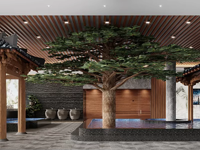 Traditional SPA Sauna Interior With Large Tree Stone Wall Wooden Ceiling And Water Pool 3d model