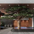 Traditional SPA Sauna Interior With Large Tree Stone Wall Wooden Ceiling And Water Pool