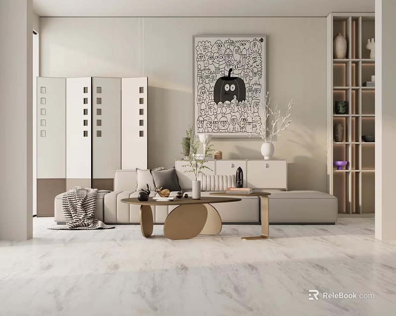 Modern Living Room Interior With Three-Seater Sofa Coffee Table Potted Plant And Decorative Painting 3d model 